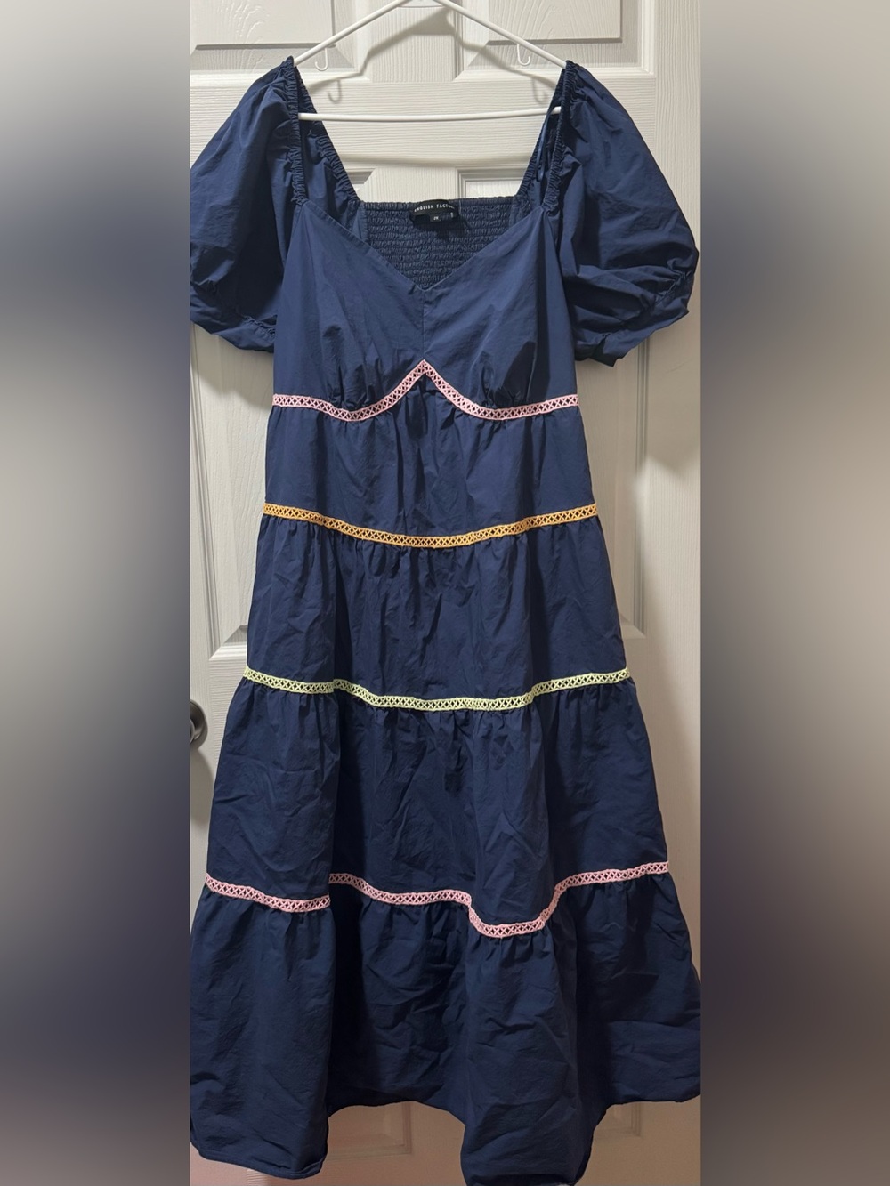 English Factory Navy Tiered Dress with Pink, Yellow, and Green Trim